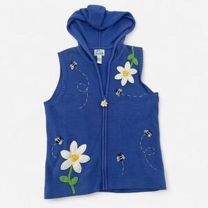 Vintage Floral Cottagecore Blue Zip Up Vest with Embroidery and Sequin Details